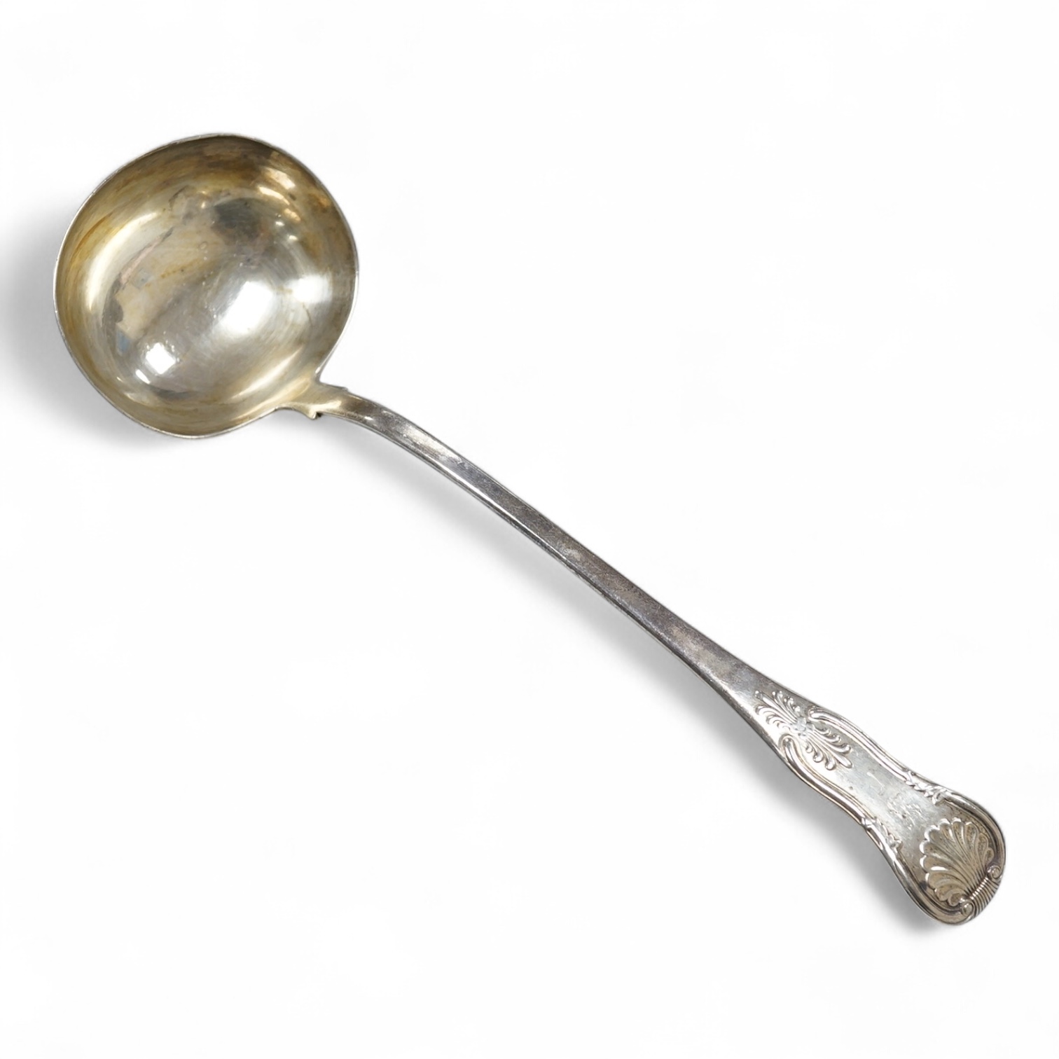A William IV Scottish silver King's pattern soup ladle, William Marshall, Edinburgh, 1833, 33cm, 7.7oz.